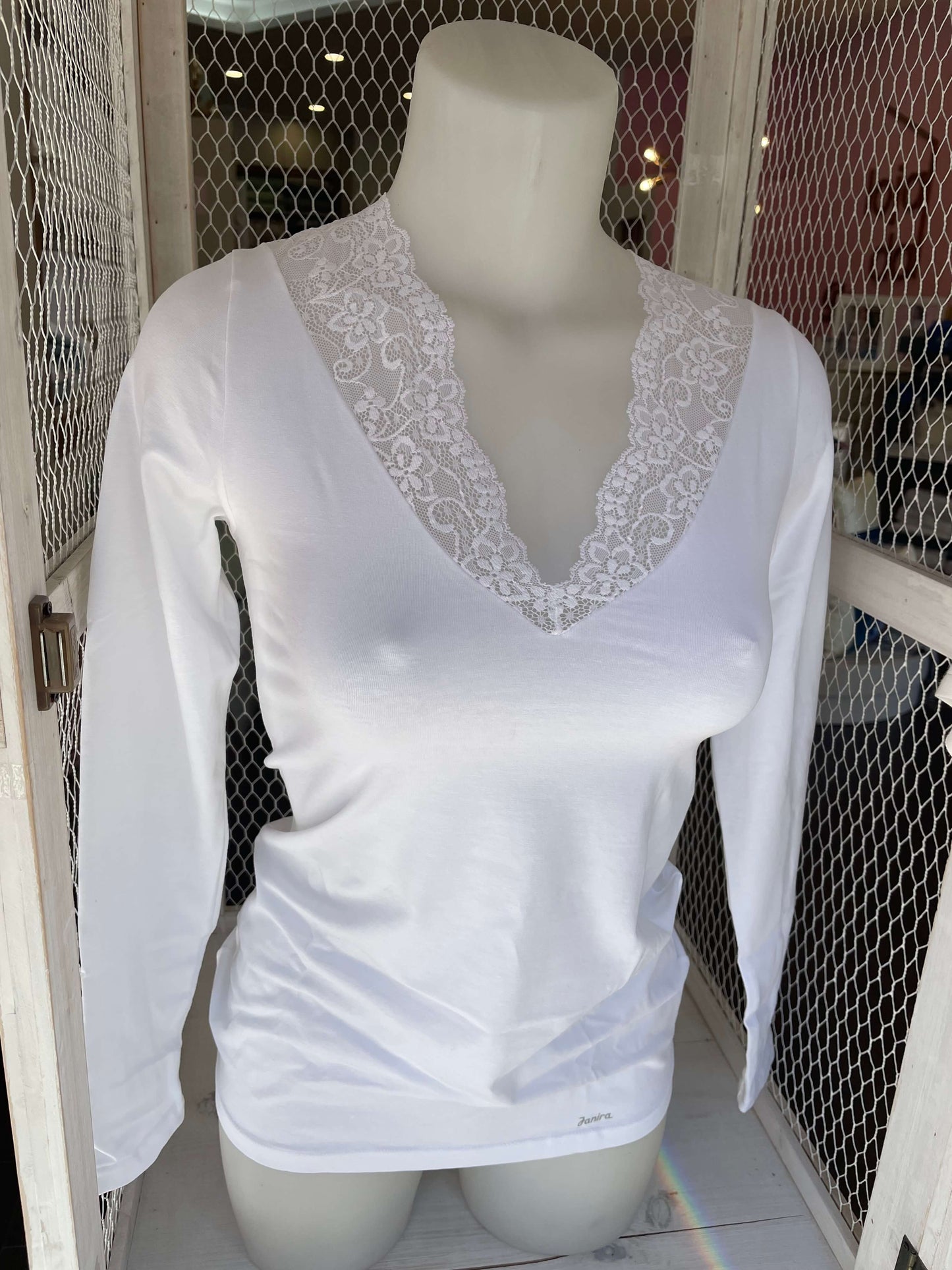 Camisola Manga Comprida Algodão "Esencial" renda no decote para Mulher