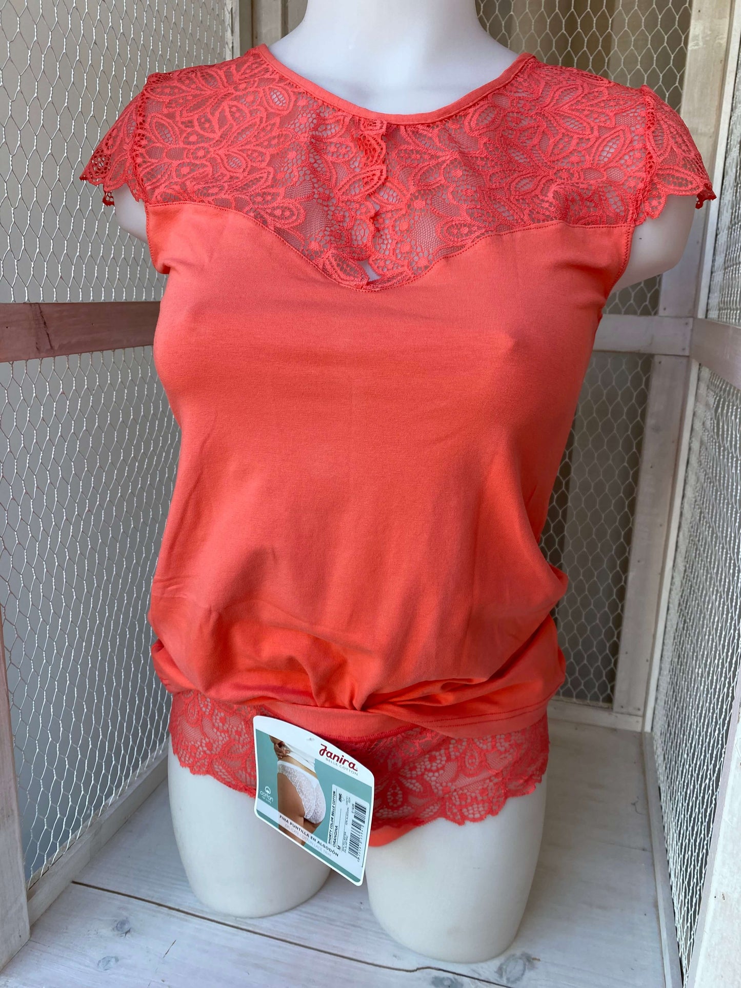 Camisola Manga Curta Rendada "Belle Cotton" Algodão para Mulher