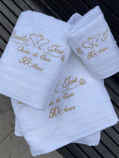 Jogo de Banho personalizado "Bodas de Prata ou de Ouro" 3 ou 6 peças - Presentes de Casamento Especiais
