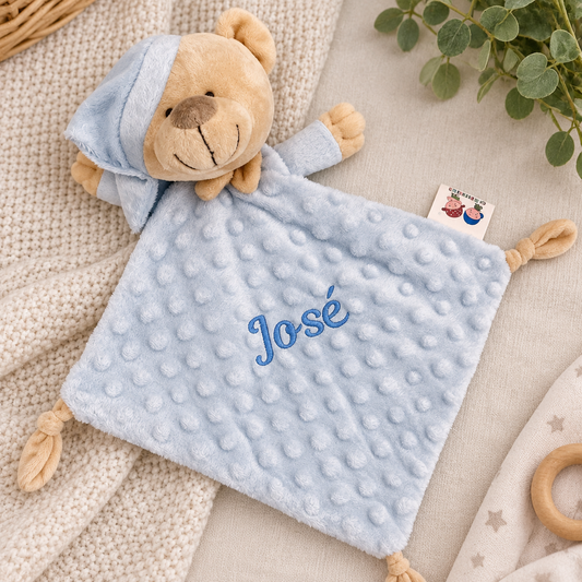 Doudou ou naninha em Peluche Ursinho personalizável com o Nome do Bebé