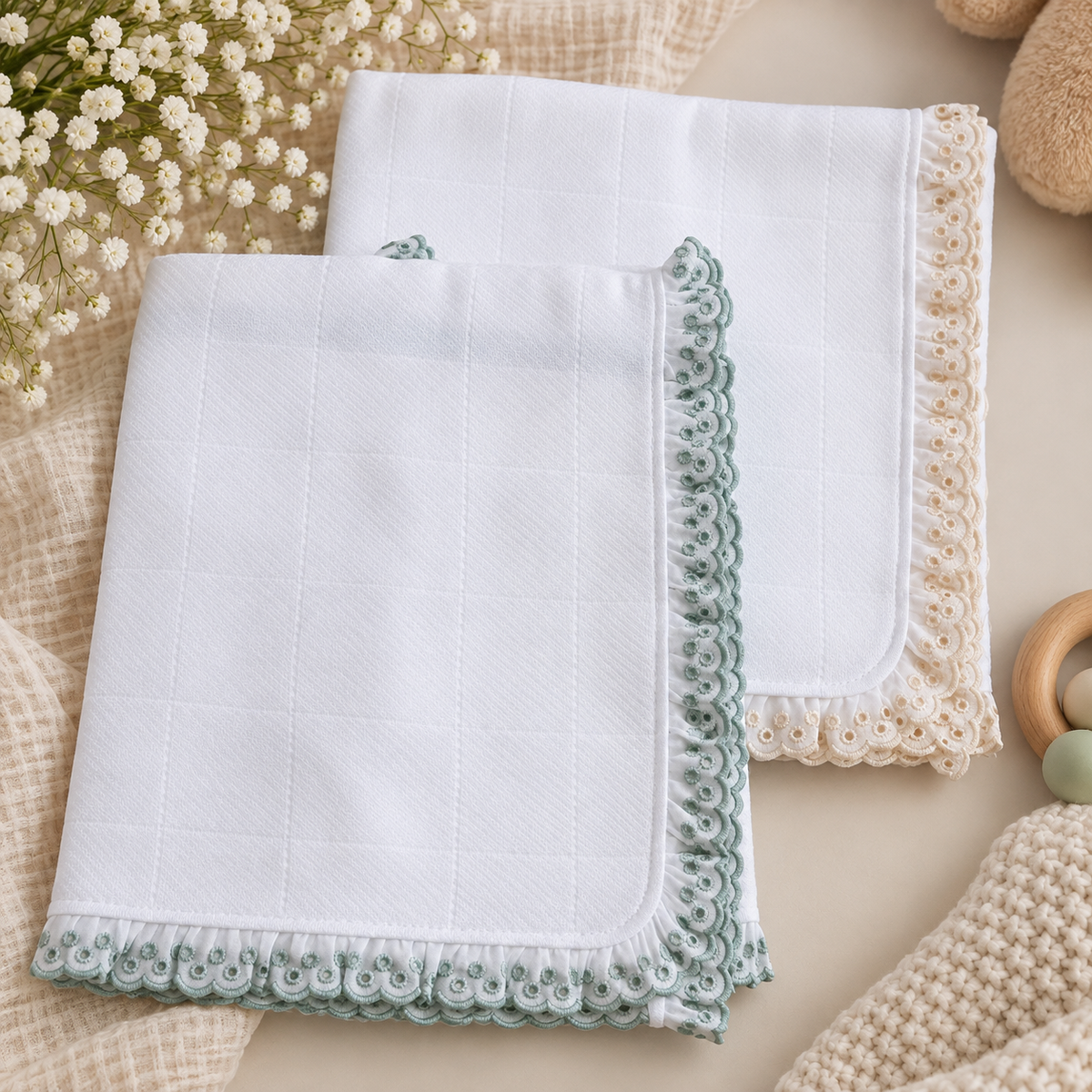 Fralda de bebé em algodão 70x70 cm, personalizada com nome e renda delicada em toda a volta